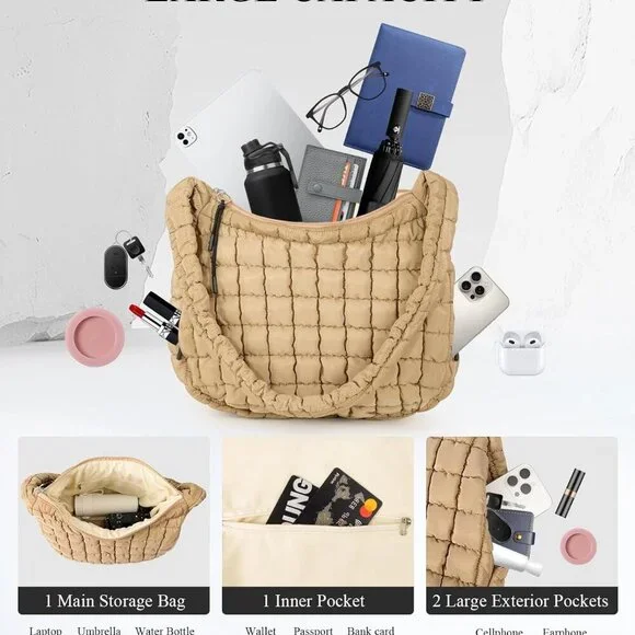 Brand New Light Khaki Puffer Tote Bag 18x14 Large Travel Compact